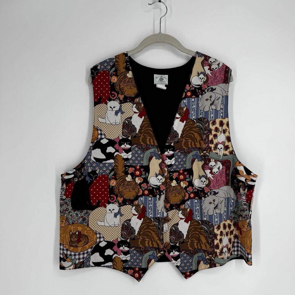 Vintage 90s y2k vest womens 2x cat all over print kitten fall winter festival